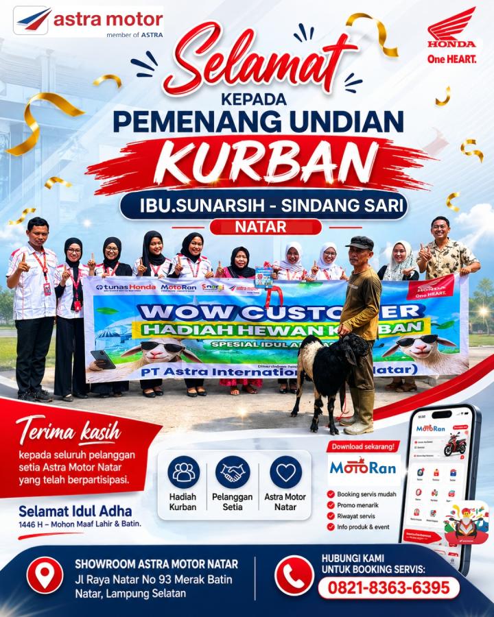 Wow Customer Apresiasi Konsumen Setia, Astra Motor Natar Serahkan Hadiah Undian Hewan Kurban Program Aplikasi MotoRan